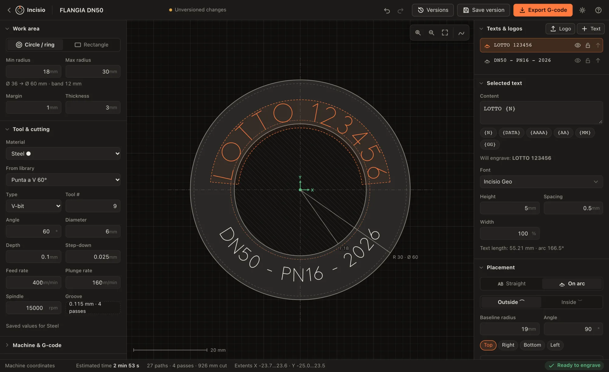 Incisio with a circular band open: work area and tool on the left, "LOTTO 123456" on the outer arc and "DN50 - PN16 - 2026" on the inner one in the middle, the selected text’s placement on the right.